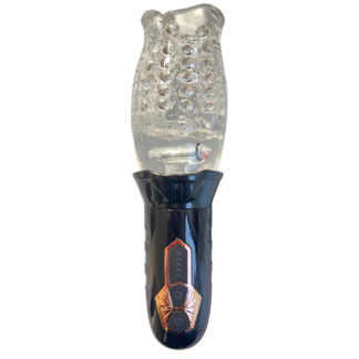 Ribbed silicone cup Mastebator with black handle.