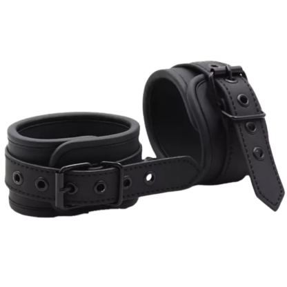 PU Leather ankle cuffs with chain and adjustable band.