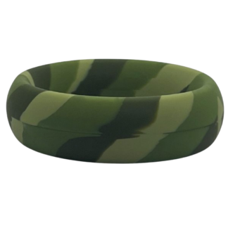 A green camouflage-patterned silicone cock ring with alternating dark and light green segments, measuring 50mm in diameter.