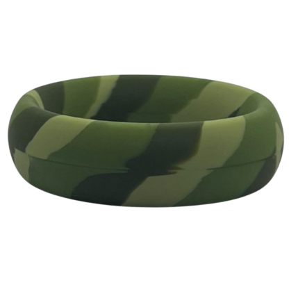 A green camouflage-patterned silicone cock ring with alternating dark and light green segments, measuring 50mm in diameter.