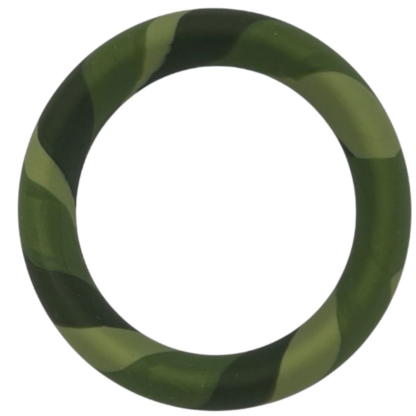 A green camouflage-patterned silicone cock ring with alternating dark and light green segments, measuring 50mm in diameter.