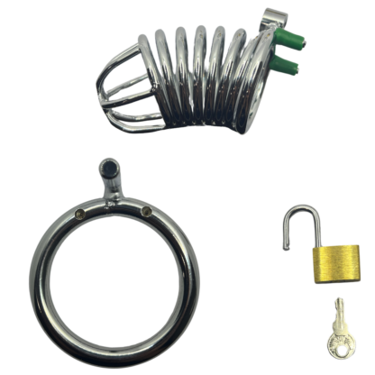 Captive Cock Cage 3 joining parts. Cock ring, penis cage and lock with key.