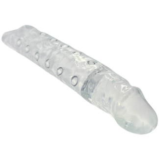 Clear silicone with an opening, intended for use with for penis extender fantasy sleeve featuring ribbed interior.