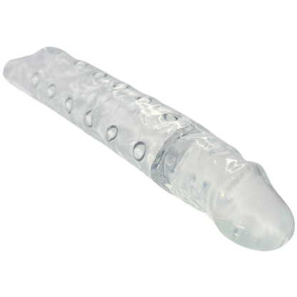 Clear silicone with an opening, intended for use with for penis extender fantasy sleeve featuring ribbed interior.