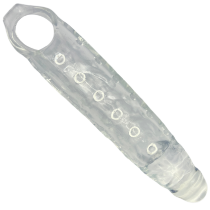 Clear silicone with an opening, intended for use with for penis extender fantasy sleeve featuring ribbed interior.