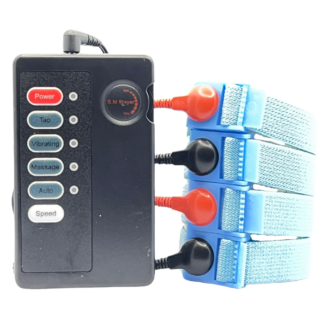 An E stim penis electricity machine placed next to a remote control with four penis bands.