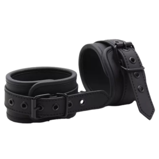 Black PU Leather Handcuffs with chain and strap.