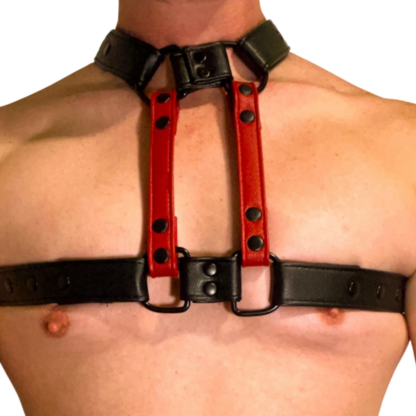 Black and red harness on male chest