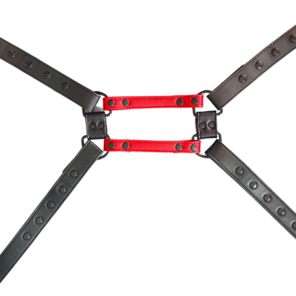 Black and red harness on male chest