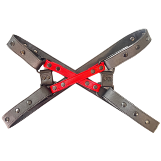 Black and red harness on male chest
