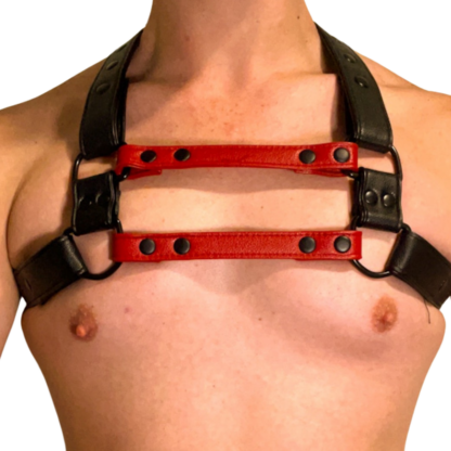 Black and red harness on male chest
