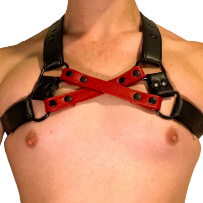 Black and red harness on male chest