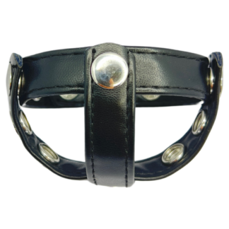 Fetish BDSM cock ring and ball separator in black leather adorned with metal pop studs.