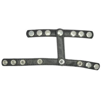 Fetish BDSM cock ring and ball separator in black leather adorned with metal pop studs.