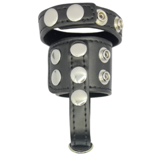 A black leather cuff with silver studs, designed as a Leather Cockring ball stretcher and ball separator with pop studs.