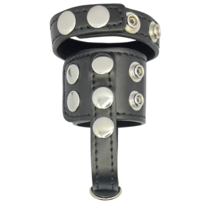 A black leather cuff with silver studs, designed as a Leather Cockring ball stretcher and ball separator with pop studs.