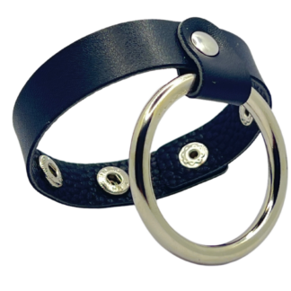Black leather bdsm ring with metal cock ring attached