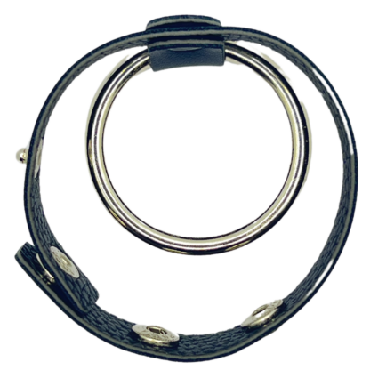 Black leather bdsm ring with metal cock ring attached