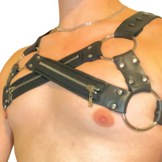 male wearing soft neoprene zip harness with two rings on chest.
