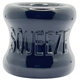 Oxballs Black silicone ball stretcher with the words squeeze