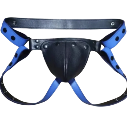 PU Leather Jock Strap with Blue straps.