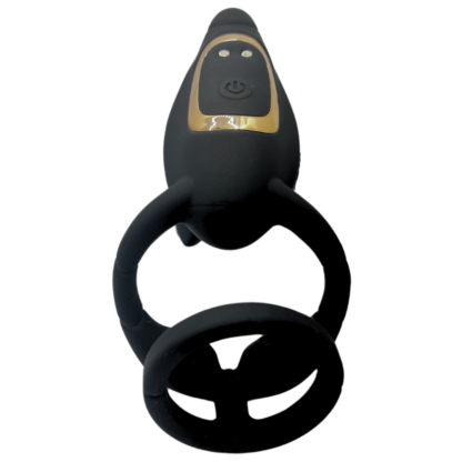Black double cock ring with butt plug and g spot vibrator.