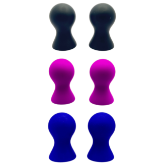knob-shaped silicone caps for nipple suction in black, hot pink and blue.