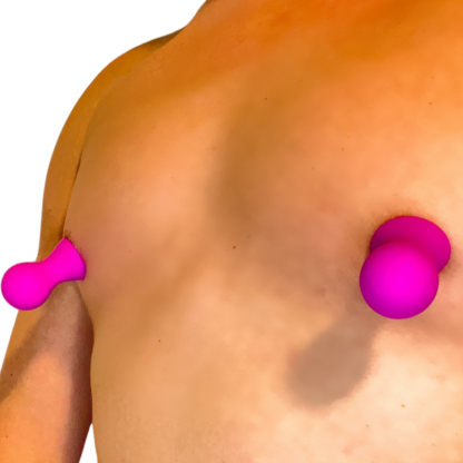 Two hot pink, knob-shaped silicone objects with rounded tops and flared bases suctioned on a male man’s chest nipples