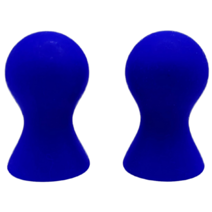 Two blue, knob-shaped silicone caps for nipple suction