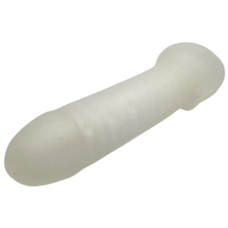 White silicone penis stroker with ribbed texture and hollow center.