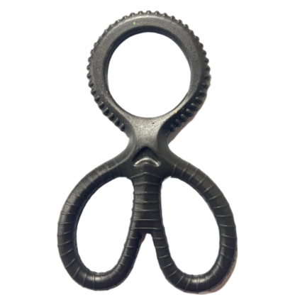 Black ribbed silicone cock ring and ball separator.