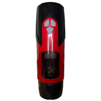 Red and black penis milking device with 3 buttons.
