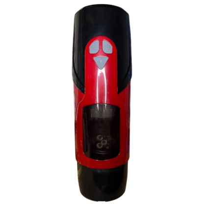 Red and black penis milking device with 3 buttons.