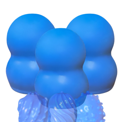 Three blue silicone gland masturbators with ribbed inside showing.