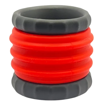 Red and black rubber ring with black handle, dual ball stretcher in red and black color scheme.