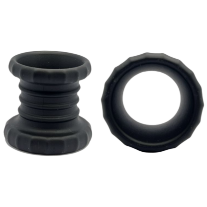 Black ribbed ball stretcher viewed from the front and top.