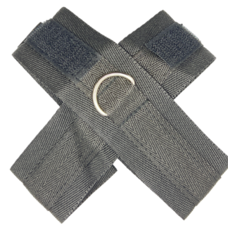 Black belt with metal ring, black velcrove wrist restraint.