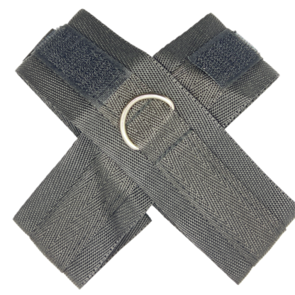 Black belt with metal ring, black velcrove wrist restraint.
