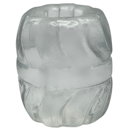 Clear rubber ball with small hole, used as a ball stretcher, made of silicone material, very tight fit.