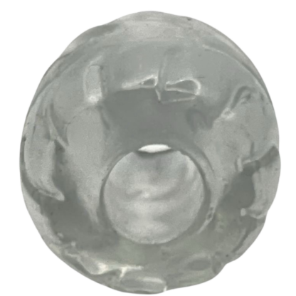Clear rubber ball with small hole, used as a ball stretcher, made of silicone material, very tight fit.
