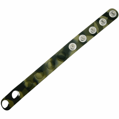 Camouflage Cock Band with silver snap fasteners laying flat.