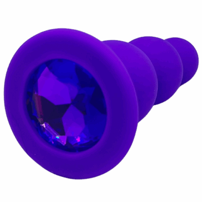 Images of a purple silicone beaded butt plug with purple gem.